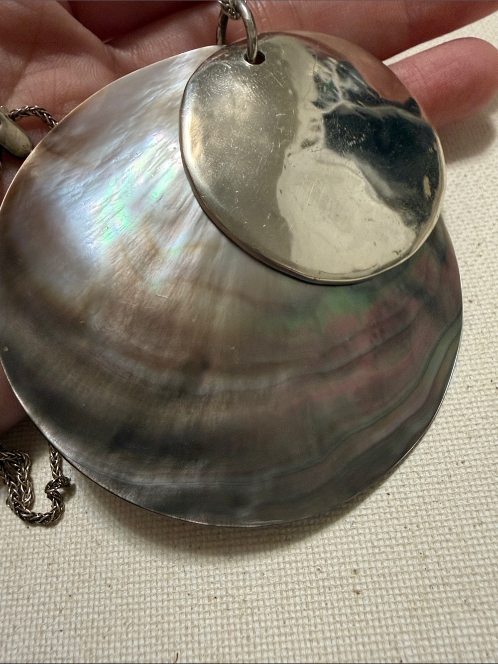 Sterling silver 925 Iridescent Mother-of-Pearl Double Disc Pendant Necklace - Picture 6 of 10